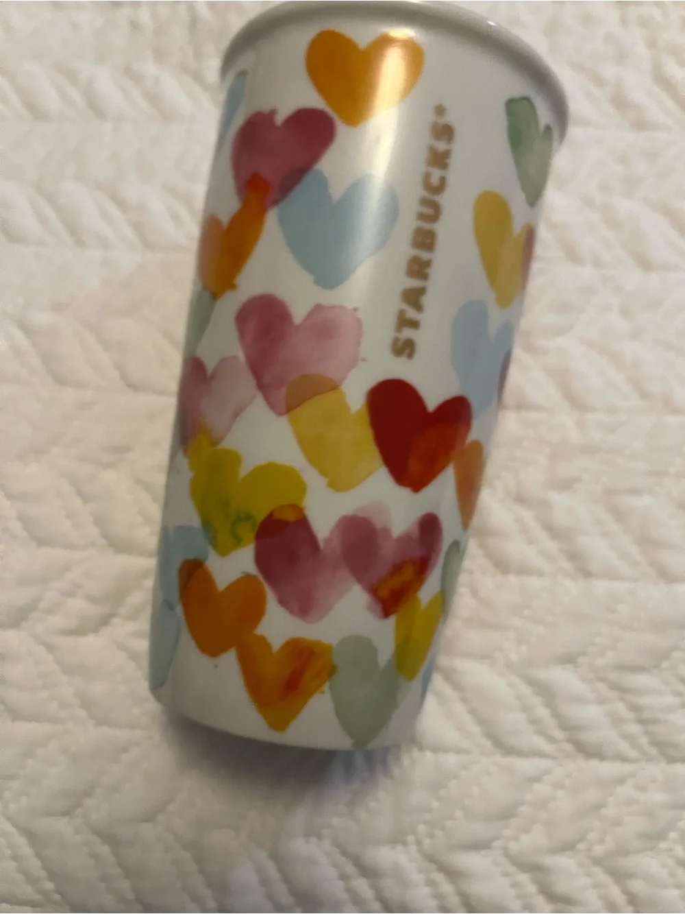 Starbucks White Ceramic Tumbler with Colorful Heart Pattern